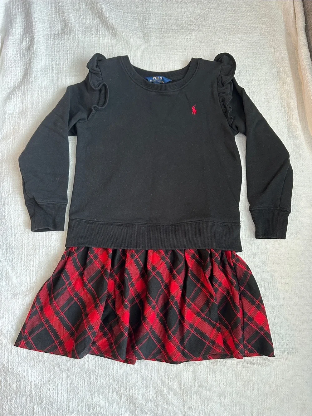Polo Ralph Lauren Black Sweatshirt Dress with Red Plaid Skirt